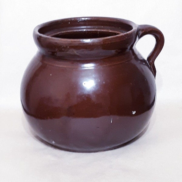 Vintage Rustic Artisan Stoneware Cookware Bean Pot, Single Handle, Earthy Brown