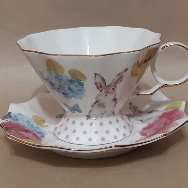 Meritage Spring Rabbit Bunny, Floral Pattern Tea Cup and Saucer with Gold Trim.