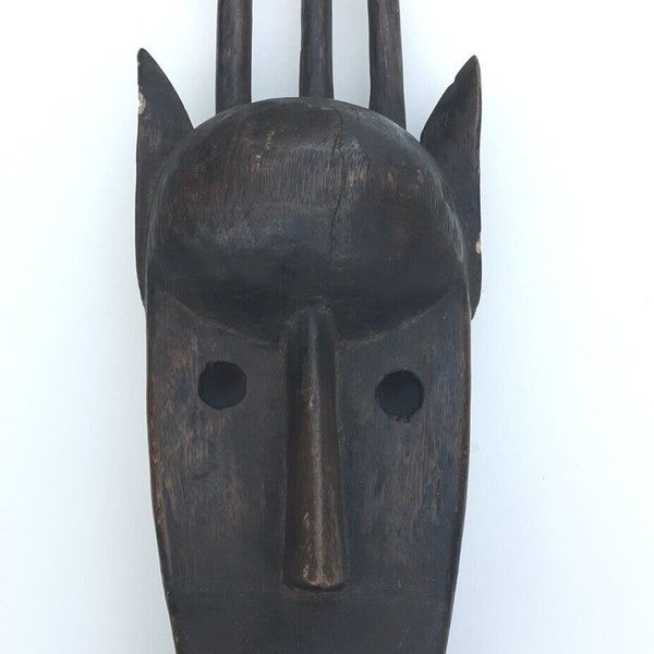 African Tribal Carved Wooden Mask, Dark Wood, Spearhead Top - Ethnographic Art