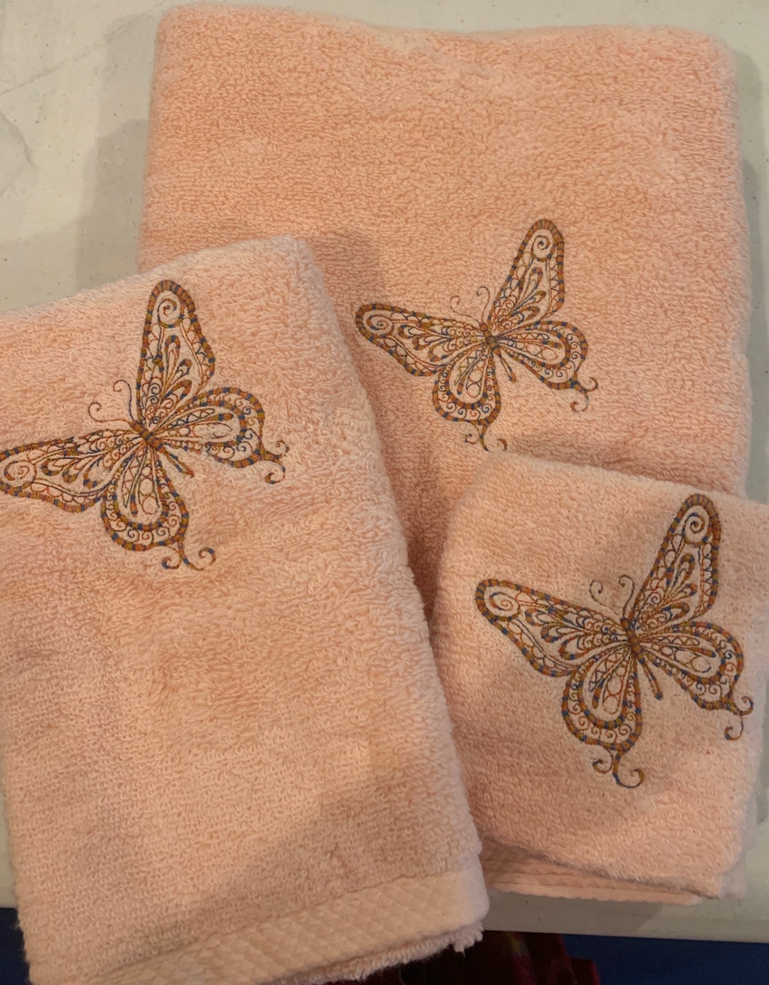 Butterfly Towels Embroidered Multicolored Butterfly on Pink or White