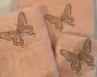 Butterfly towels Embroidered Multi-colored Butterfly on  Pink or White Bath Towel set
