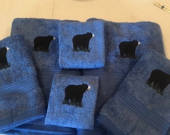 Black bear embroidered on 6 piece bath towel set