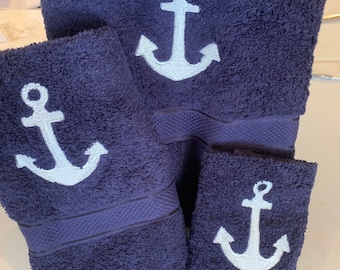 Embroidered Anchor Bath Towel Set - Nautical Bathroom Decor