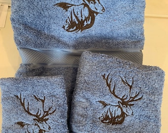 Elk embroidered on 3 piece bath towel set