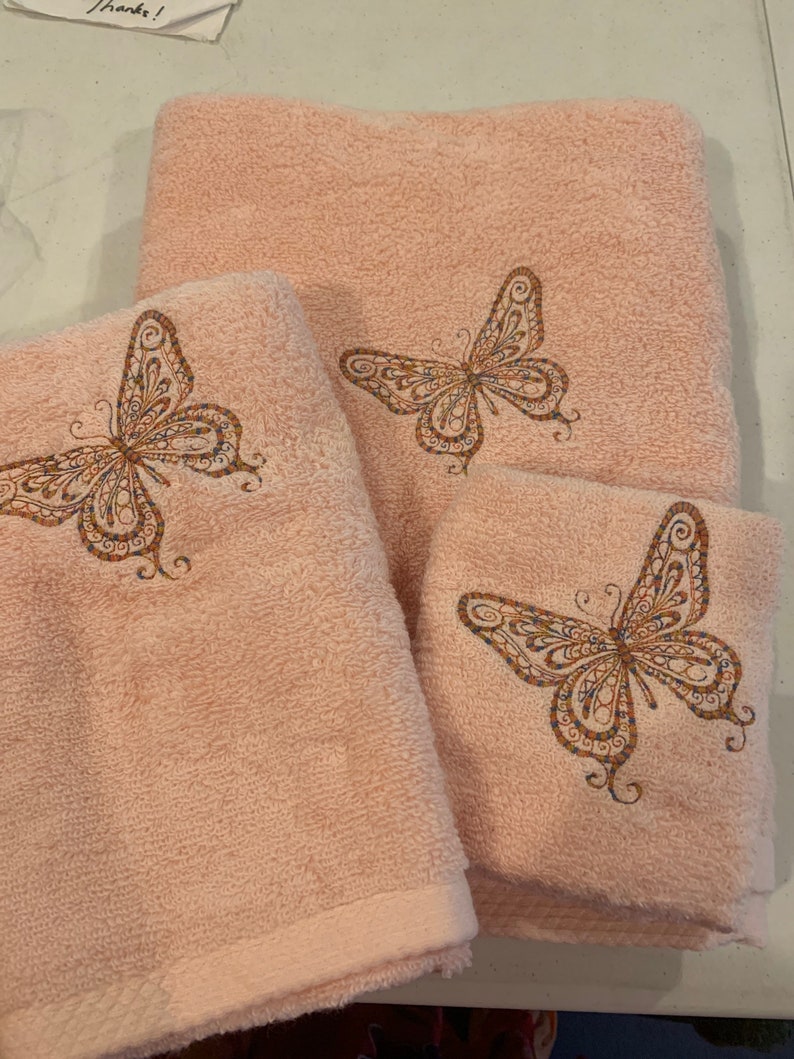Butterfly Towels Embroidered Multicolored Butterfly on Pink Etsy