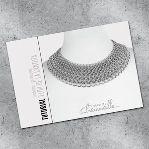 May include: A silver necklace tutorial for a graduated chainmail necklace called "Flor de la Cantiuta". The tutorial is by Brigitte Chainmaille.