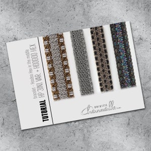Puede incluir: Cuatro pulseras de malla de cadena en diferentes colores y patrones. Las pulseras son de metal y se muestran sobre un fondo blanco. El texto "bracelet - Hoodoo Hex in the middle" y "TUTORIAL HP 3IN1 VAR. + HOODOO HEX" es visible en la tarjeta.