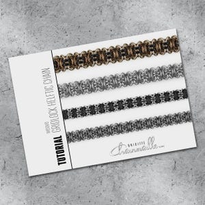 May include: A white card shows four chainmail samples in bronze, silver, black, and grey. The card reads "TUTORIAL GRIDLOCK HELFTIC CHAIN" in black text. The signature "Brigitte Charmaille" is in the bottom right corner.