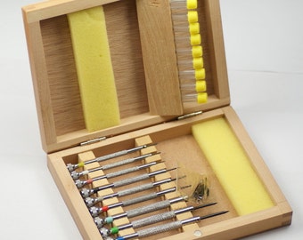 Watchmakers screwdrivers set PRO in wood case repairs tool spare blades watch