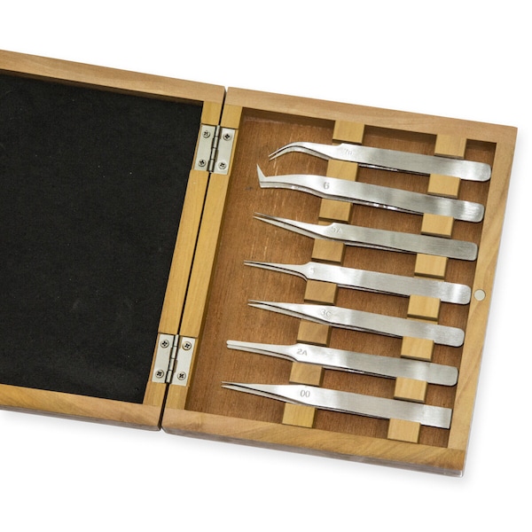 Tweezers set wood box watchmakers jewellers stainless steel craft tools repair