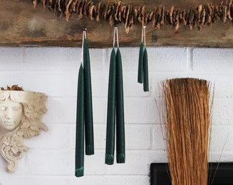 Primitive Hand Dipped Dark/Hunter Green Taper Candles in various sizes.