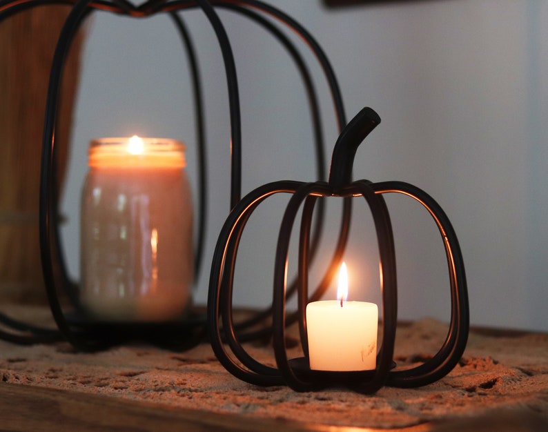 Back in Stock Now offered in two sizes Primitive, Rustic, Country, Iron Pumpkin Candle Holder. Fall Decor. image 7