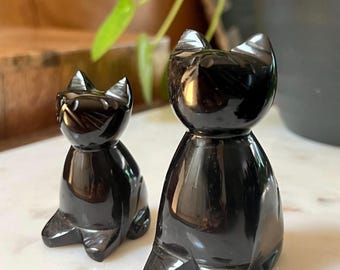 Hand Carved, Black Obsidian Cat.