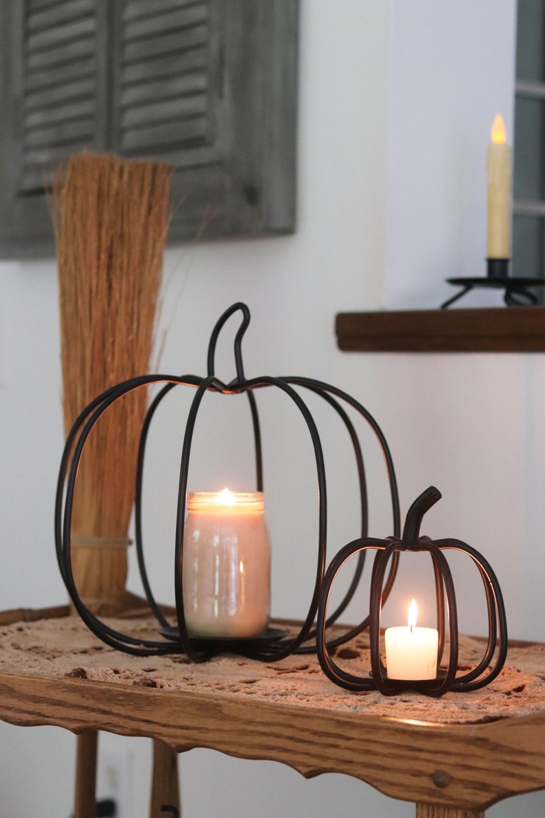 Back in Stock Now offered in two sizes Primitive, Rustic, Country, Iron Pumpkin Candle Holder. Fall Decor. image 3