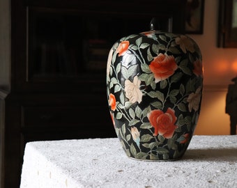 Antique 1950's Ginger Jar Roses MCM, WBI Chinese Porcelain Hand Painted 12" large display Vase.