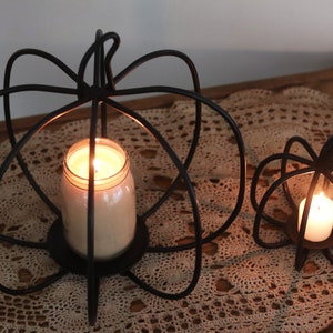 Back in Stock Now offered in two sizes Primitive, Rustic, Country, Iron Pumpkin Candle Holder. Fall Decor. image 4