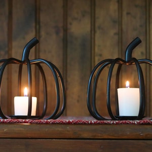 Back in Stock Now offered in two sizes Primitive, Rustic, Country, Iron Pumpkin Candle Holder. Fall Decor. image 2