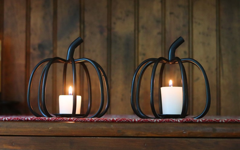 Back in Stock Now offered in two sizes Primitive, Rustic, Country, Iron Pumpkin Candle Holder. Fall Decor. image 2