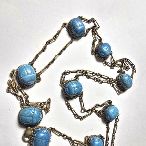 20s Egyptian Revival Scarab Chain Belt Filigree Faience  display picture 2
