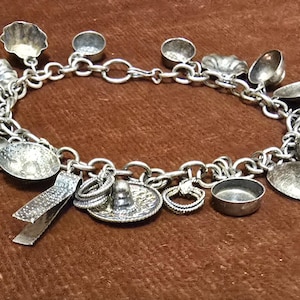 40s Souvenier Sterling Silver Charm Bracelet Mexico Loaded 21 Charms Kitchen Items Sombrero