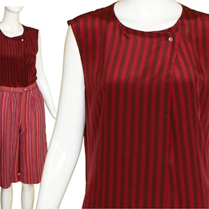 70s/80s CALVIN KLEIN SILK Sleeveless Striped Top Tank Blouse Burgundy Cranberry Chocolate Brown