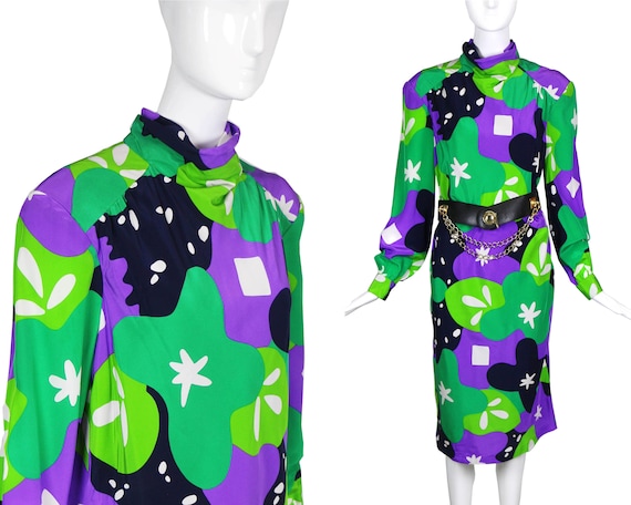 80s Travilla Colorful Abstract Silk Dress/Purple … - image 1