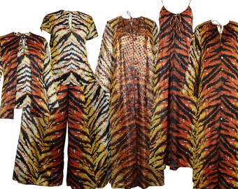 RARE! Vintage 70s Donald Brooks Metallic Tiger Stripe Lounge Set Collection Robes Nightgown Top Palazzo Pants Bells Pegnoir