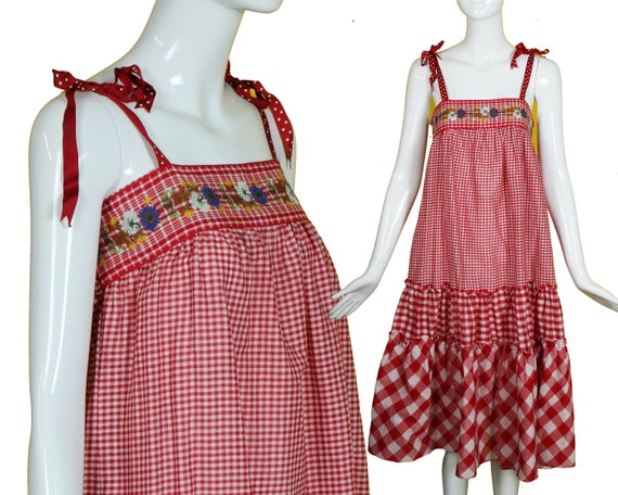 70s Gingham Check Dress/70s Checked Sundress/Tiere