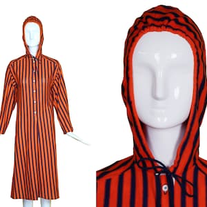 RARE 70s/80s CK Calvin Klein Hooded Orange Blue Striped  Shirt Dress Hoodie Henley Dress