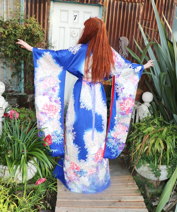 70s Vintage Silk Furisode Kimono Floral Cobalt Bl… - image 1