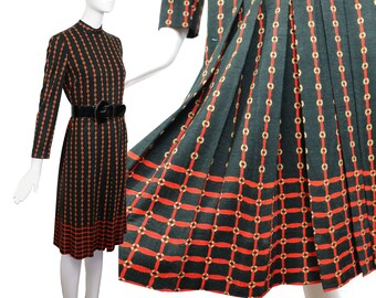 60s/70s ADELE SIMPSON Mod Black Pleated Wool Jersey Lined Winter Dress Long Sleeve Modest