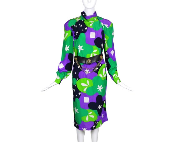 80s Travilla Colorful Abstract Silk Dress/Purple … - image 3