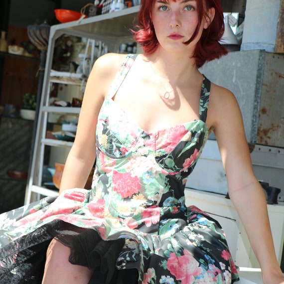 90s Grunge Black LORALIE Boned Floral Mini Dress … - image 3