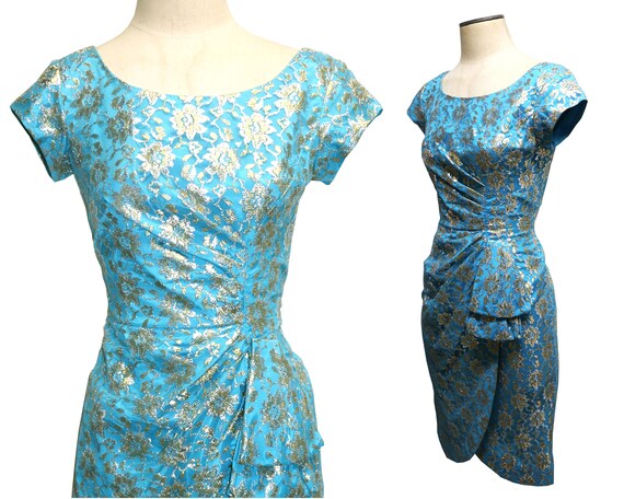 50s Teal Metallic Lace Dress/ 50s Teal Dress S/Dra