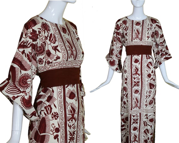 70s Cotton Batik Kaftan Birds/70s Maxi Dress/Cotto