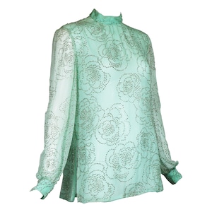 S/M Vintage 70s Oscar de la Renta Aqua Silk Floral Glitter Blouse Sparkly Disco Top