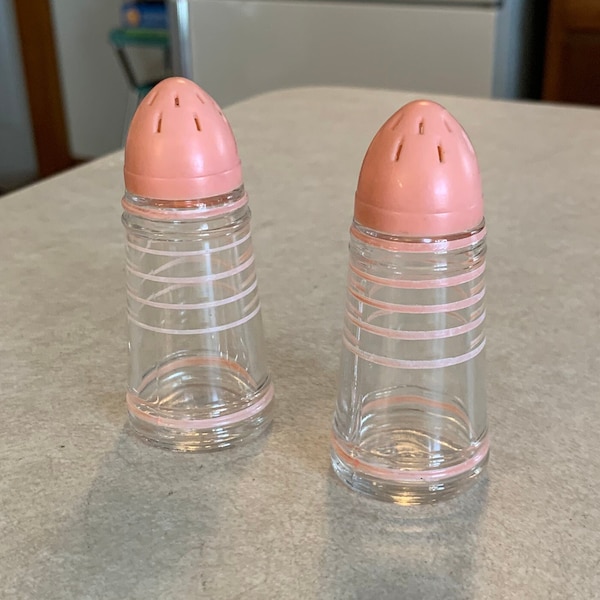 Tea Time Pink Stripe Salt & Pepper Shakers Never Used