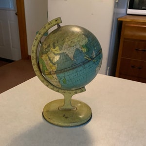 Signed J Chein Small 6&quot; Desk Size World Globe Tin Lithograph