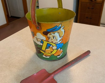 Nice Clean Children's Tin Lithograph Pail and Shovel