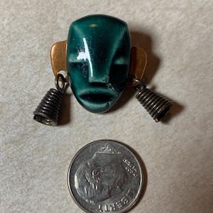 Demure Artisan Made Ceramic Tribal  Mask Pin With Earrings