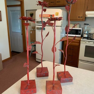 Two Pair of Tall Red Candlesticks Flower Long Stem Rose