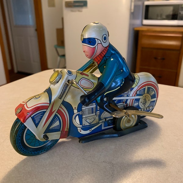 Tin Lithograph Wind Up Working Motorcycle Rider