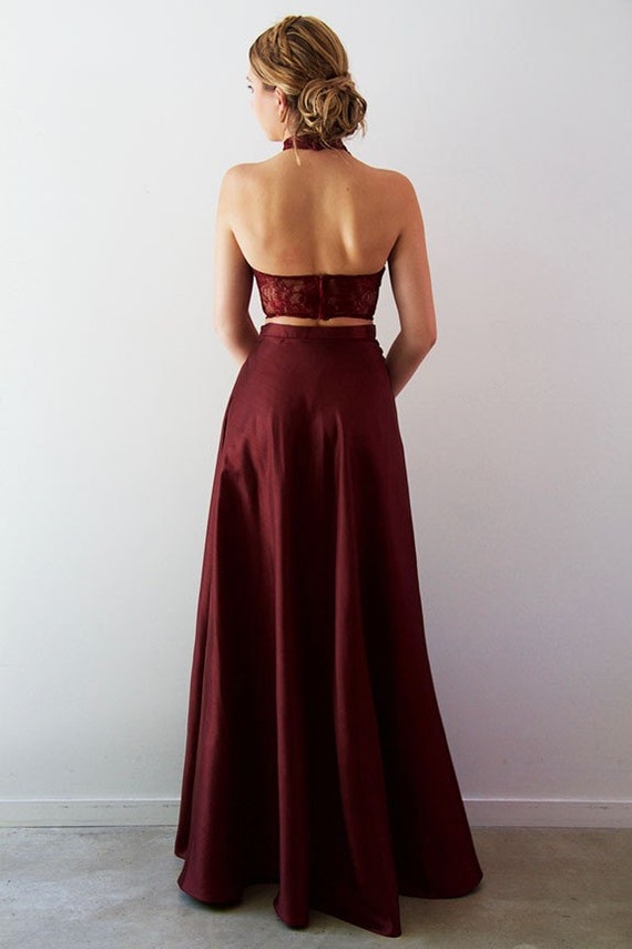 burgundy two piece formal dress Simple Burgundy Two Piece Spaghetti Straps Long Prom Dress with Pockets