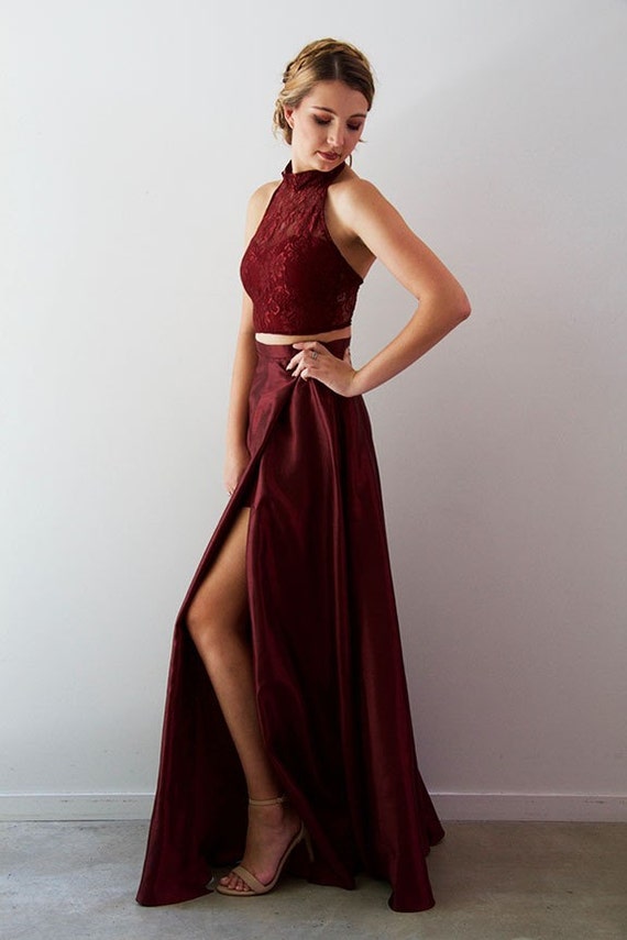 burgundy two piece formal dress Two Piece Tulle Open Back Beading Burgundy Prom Dress PG459 US10 / Custom Color main image 0