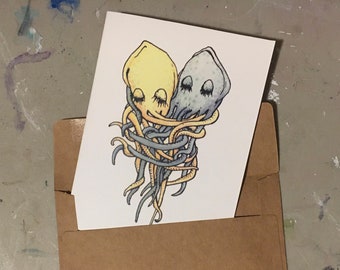 Squid hug card, blank inside, original art by Rosie Ferne Illustration, cute squid octopus love sea life animal lover card gift