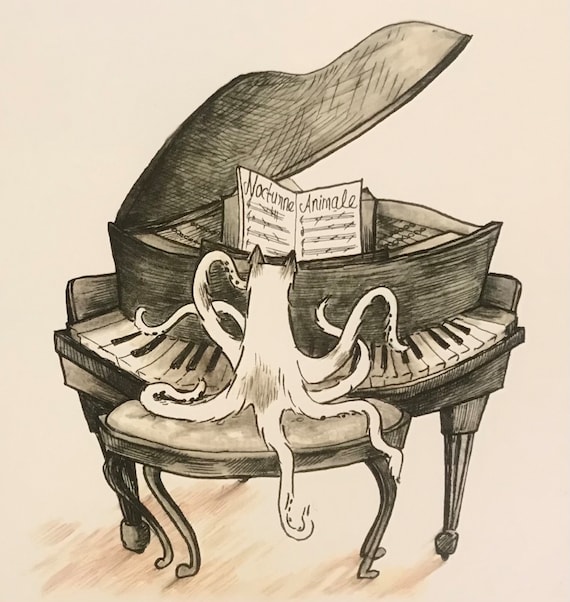 Octopus Cat Playing Piano Art Print, Catipus, Original Artwork by
