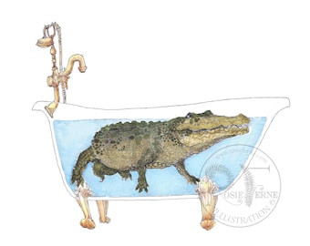 Crocodile in Bathtub art print, original ink and watercolor drawing, playful quirky art print