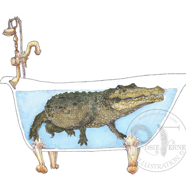Crocodile in Bathtub art print, original ink and watercolor drawing, playful quirky art print