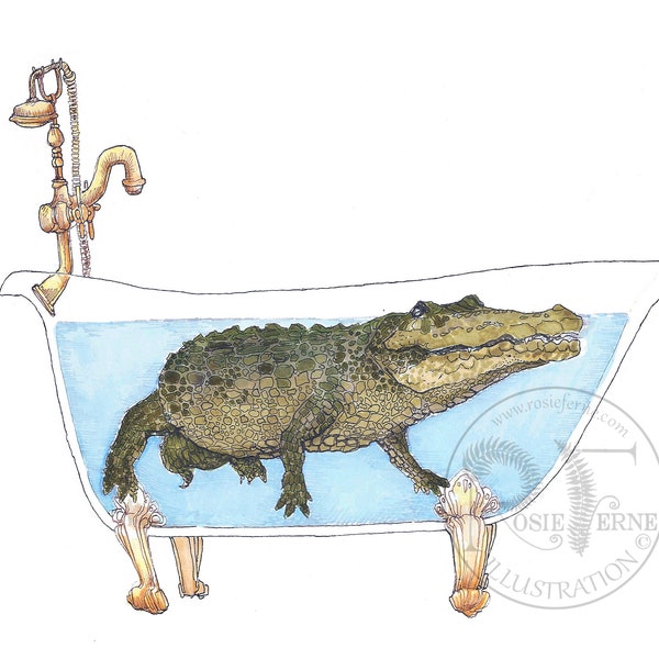 Krokodil in der Badewanne Kunstdruck, originale Zeichnung mit Tusche und Tinte