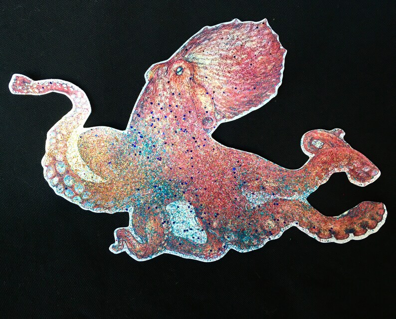 May include: A glittery, pink and purple octopus with a detailed drawing of its body and tentacles. The octopus is drawn in a cartoon style and has a whimsical feel.